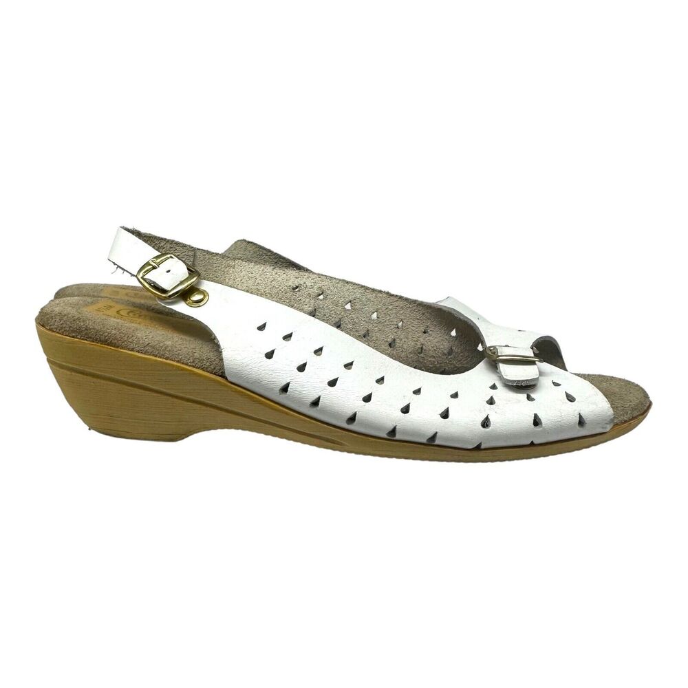 Vintage Coasters Wedge Sandals Womens 6.5 White Perforated Leather Slingback